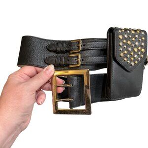 Black Leather Utility Belt With Studded Pouches & Gold Buckle Hardware 38"